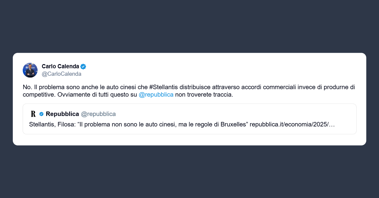 Calenda: Stellantis distribuisce auto cinesi attraverso accordi commerciali invece di produrne competitive