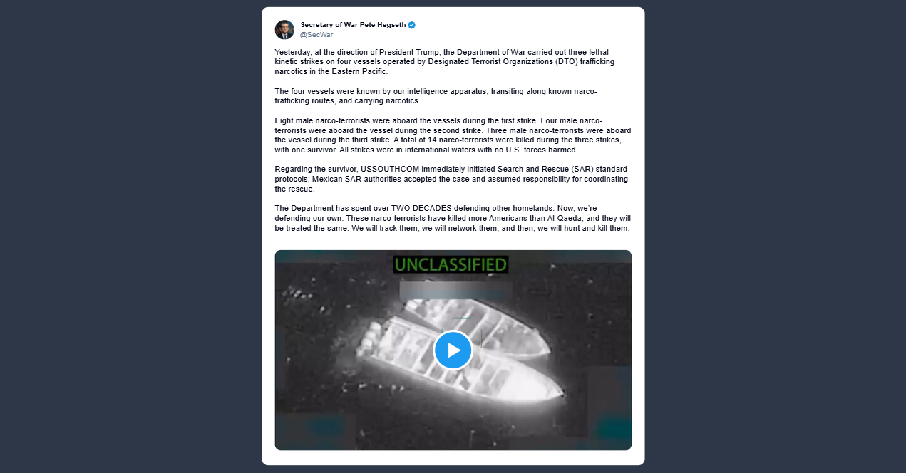 Hegseth: tre attacchi letali contro quattro imbarcazioni gestite da terroristi
