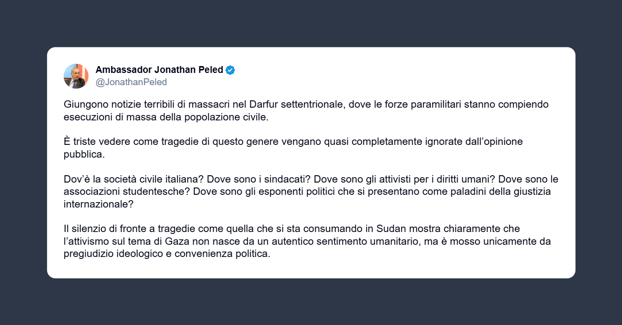 Ambasciatore israeliano: forze paramilitari stanno compiendo esecuzioni di massa dei civili nel Darfur settentrionale