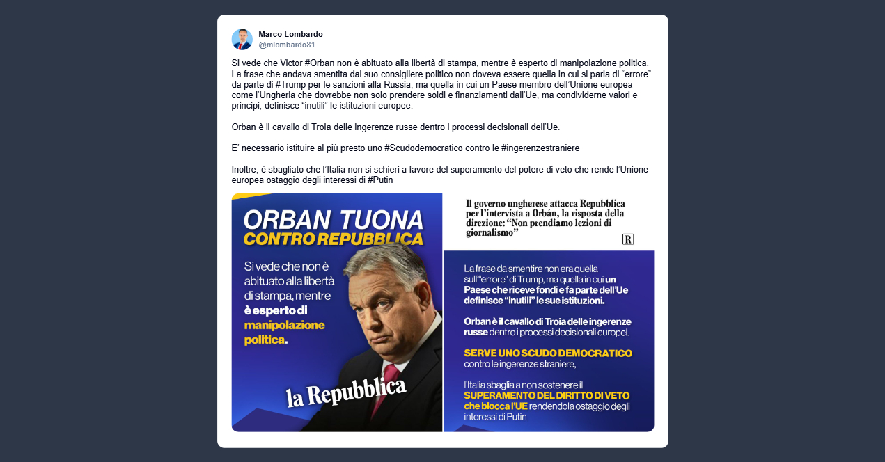 Lombardo: Orban non dovrebbe solo prendere soldi dall’Ue ma condividerne i valori