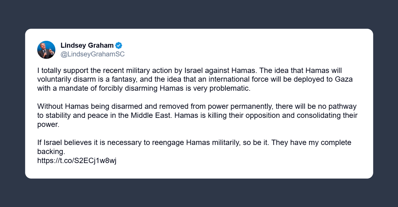 Lindsey Graham: massimo appoggio all’azione militare di Israele contro Hamas