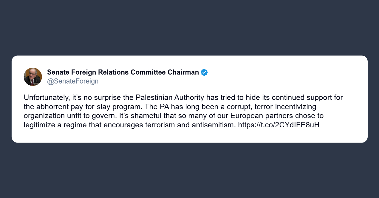 Jim Risch: autorità palestinese è un’organizzazione corrotta che incentiva il terrorismo