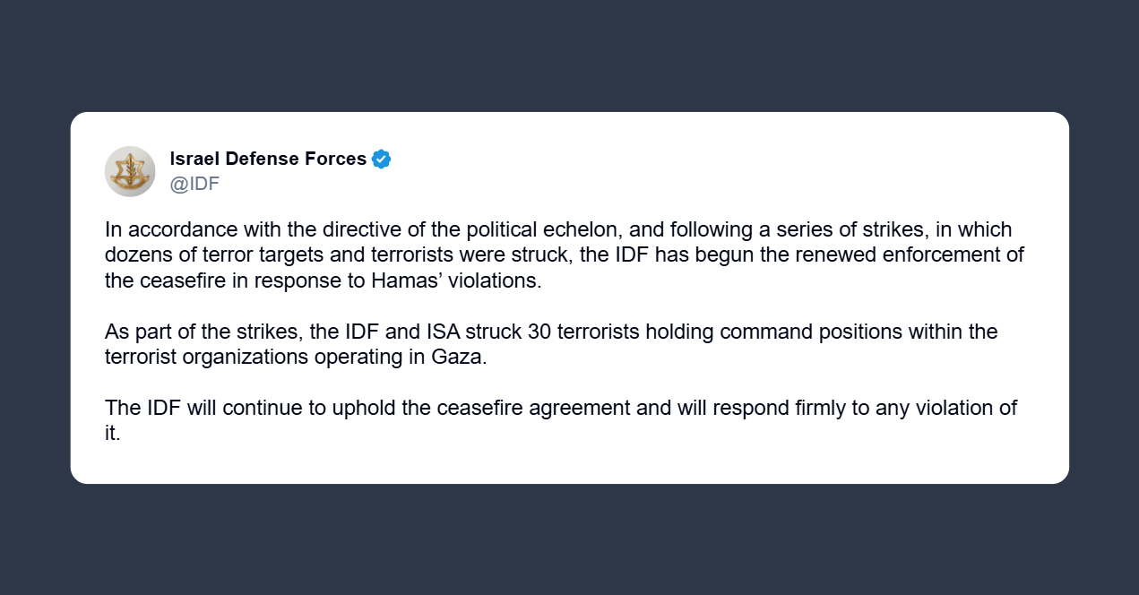 Forze Difesa israeliane: avviato il ripristino del cessate il fuoco in risposta alle violazioni di Hamas