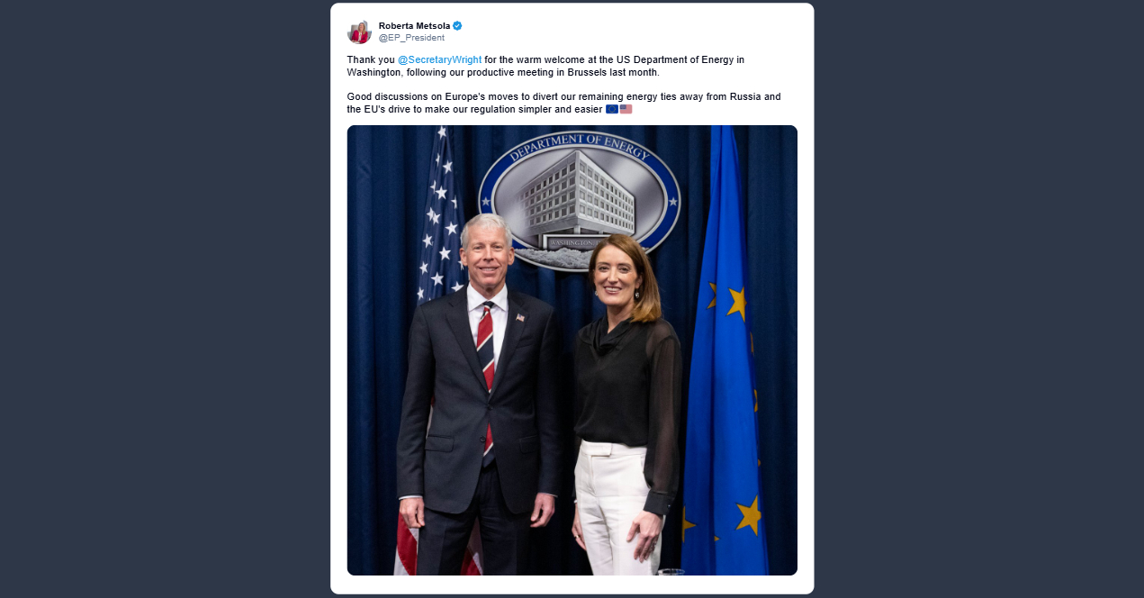 Metsola: colloqui utili sui passi dell’Ue per recidere i legami energetici russi