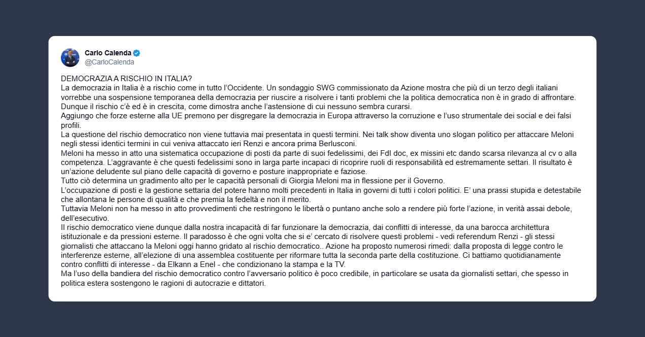 Calenda: la democrazia in Italia è a rischio come in tutto l’Occidente