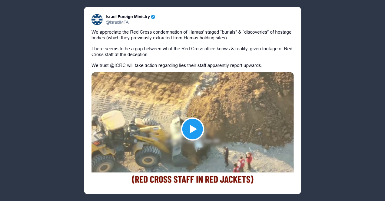 Ministero Esteri israeliano: la condanna della Croce Rossa alle sepolture inscenate da Hamas