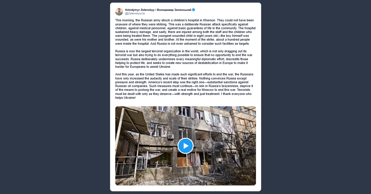 Zelensky: attacco russo ha colpito un ospedale pediatrico a Kherson