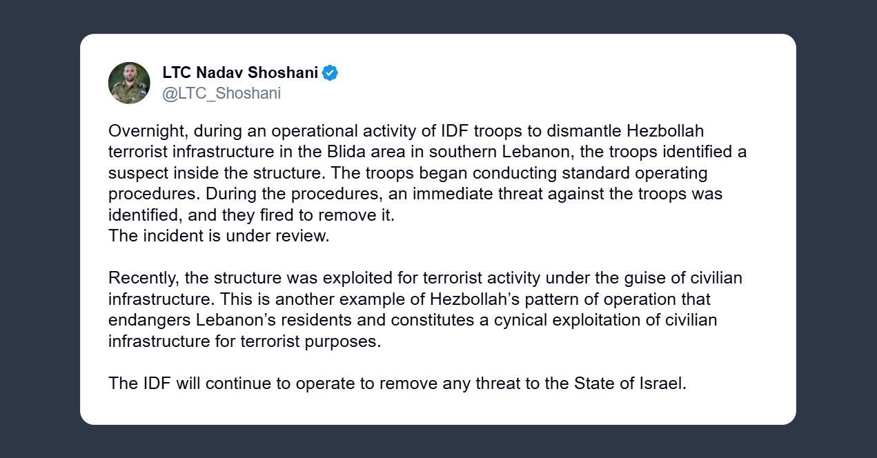 Nadav Shoshani: operazione per smantellare infrastrutture terroristiche di Hezbollah nell’area di Blida