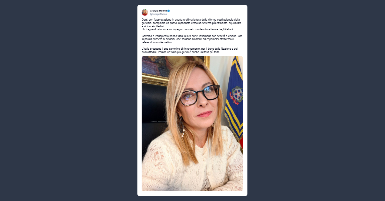 Meloni sulla riforma costituzionale della giustizia: traguardo storico e un impegno concreto mantenuto a favore degli italiani
