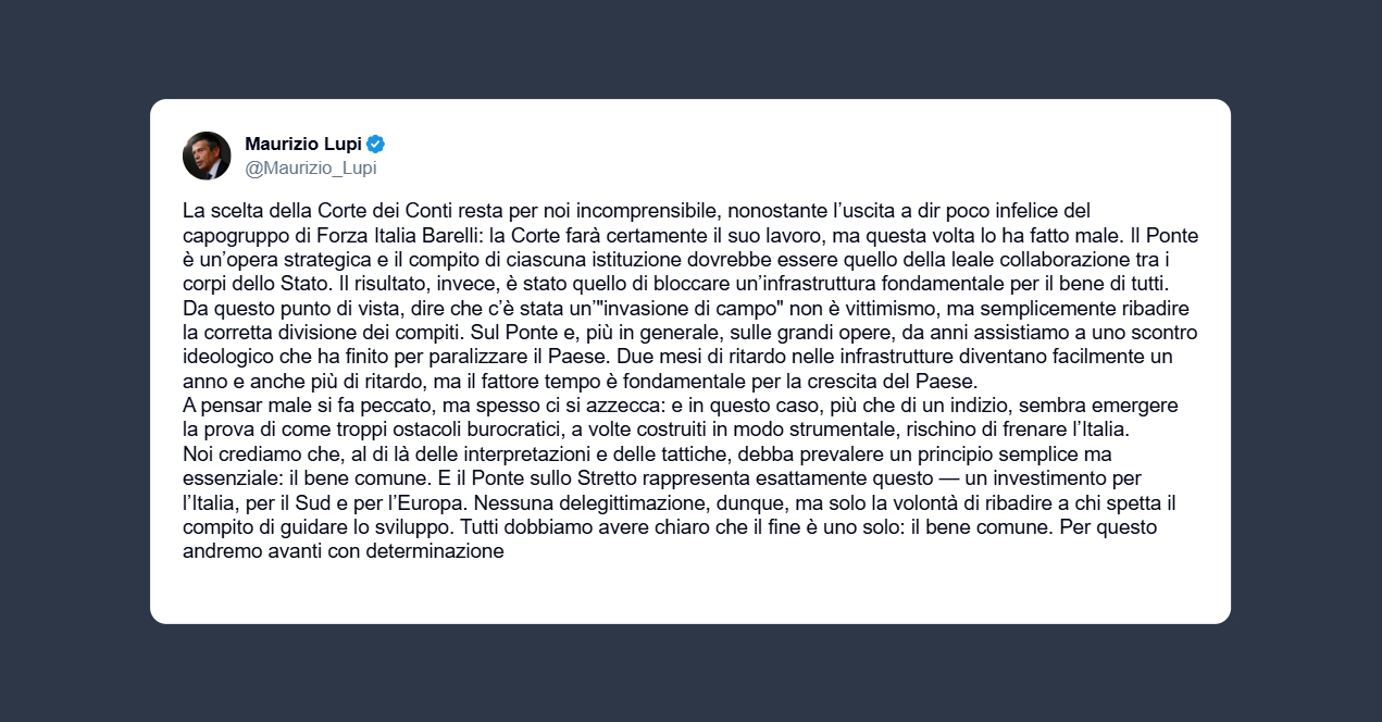 Lupi sul ponte dello Stretto: la scelta della Corte dei Conti resta per noi incomprensibile