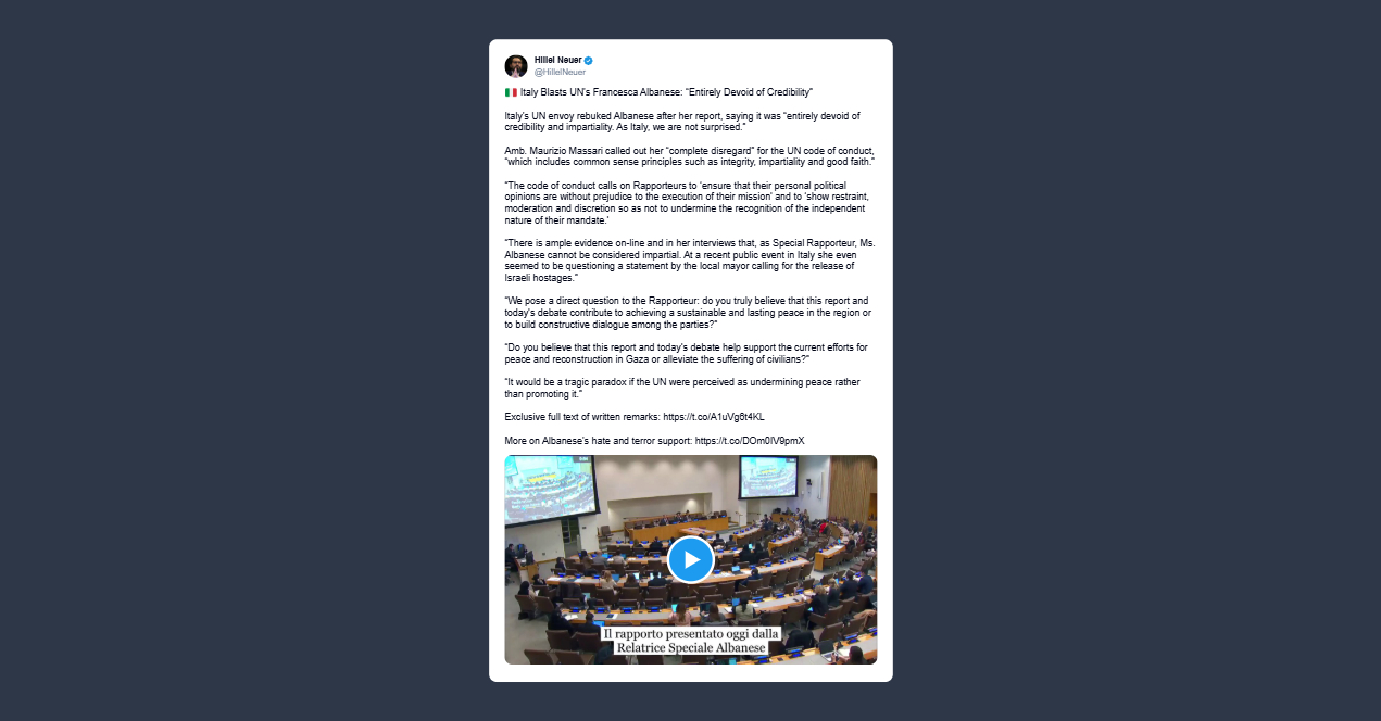 Hillel Neuer: Italia contro la relatrice Onu Francesca Albanese