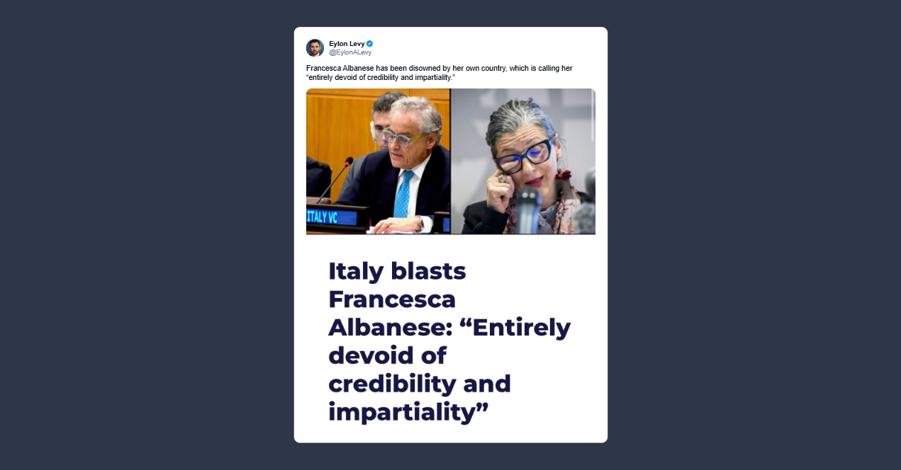 Eylon Levy: Francesca Albanese è stata rinnegata dal suo stesso Paese