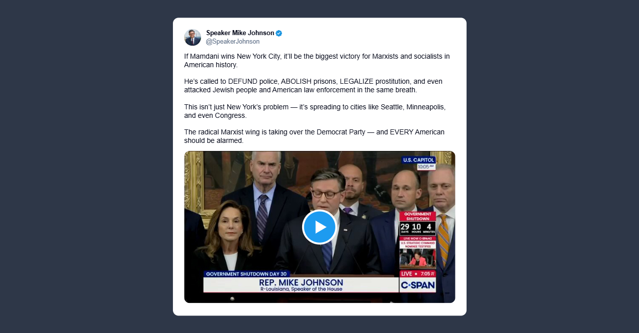 Mike Johnson: se Mamdani vince a New York sarà la più grande vittoria per marxisti e socialisti nella storia americana