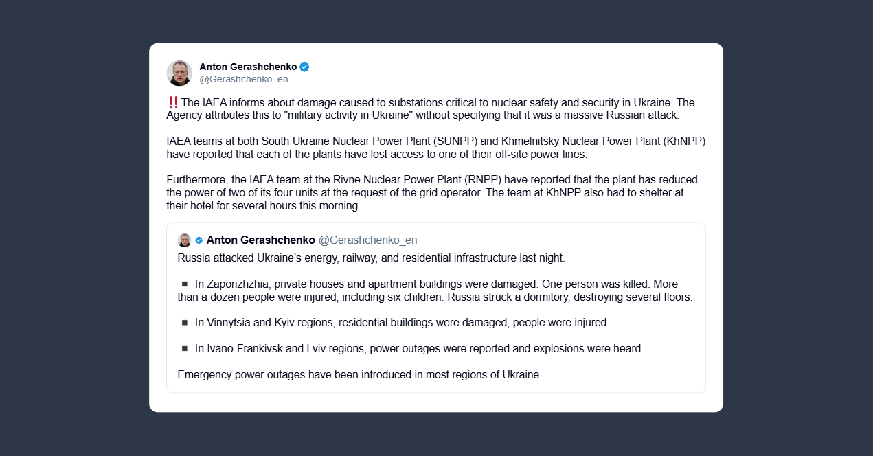 Anton Gerashchenko: danni a sottostazioni cruciali per la sicurezza nucleare in Ucraina