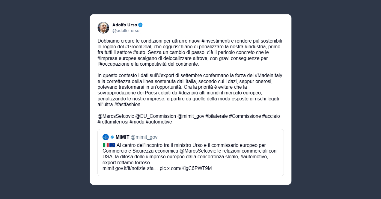 Urso: le regole del Green Deal rischiano di penalizzare la nostra industria