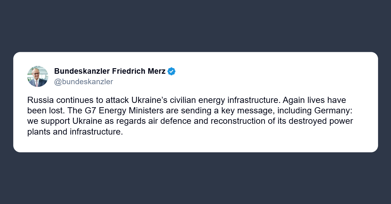 Merz: sosteniamo l’Ucraina nella difesa antiaerea e nella ricostruzione delle centrali elettriche