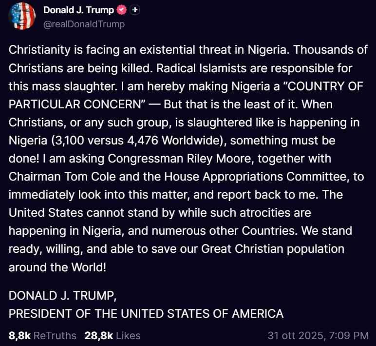 Trump: in Nigeria il cristianesimo è minacciato