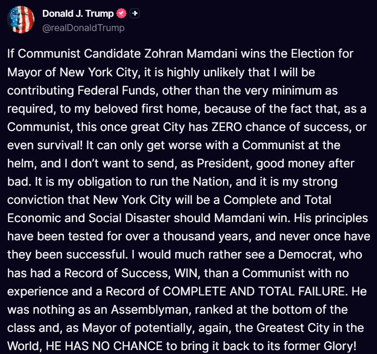 Trump: con un comunista al timone NY non ha alcuna possibilità di successo