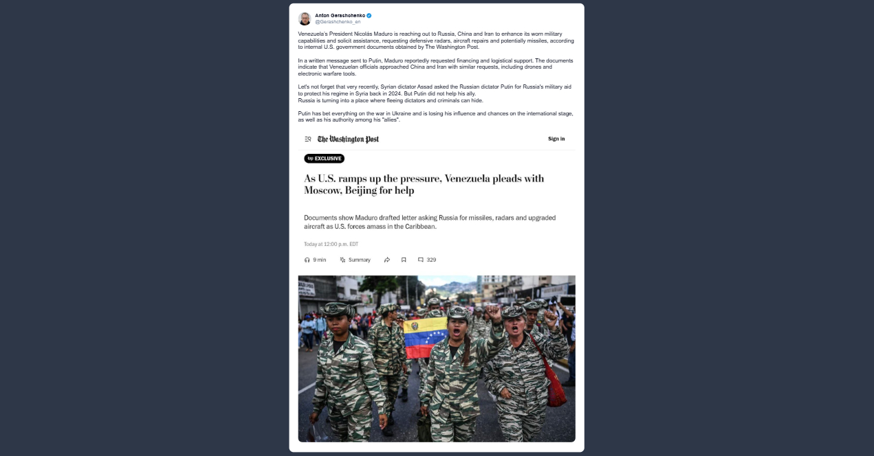 Gerashchenko: Maduro si rivolge a Russia Cina e Iran per potenziare le capacità militari