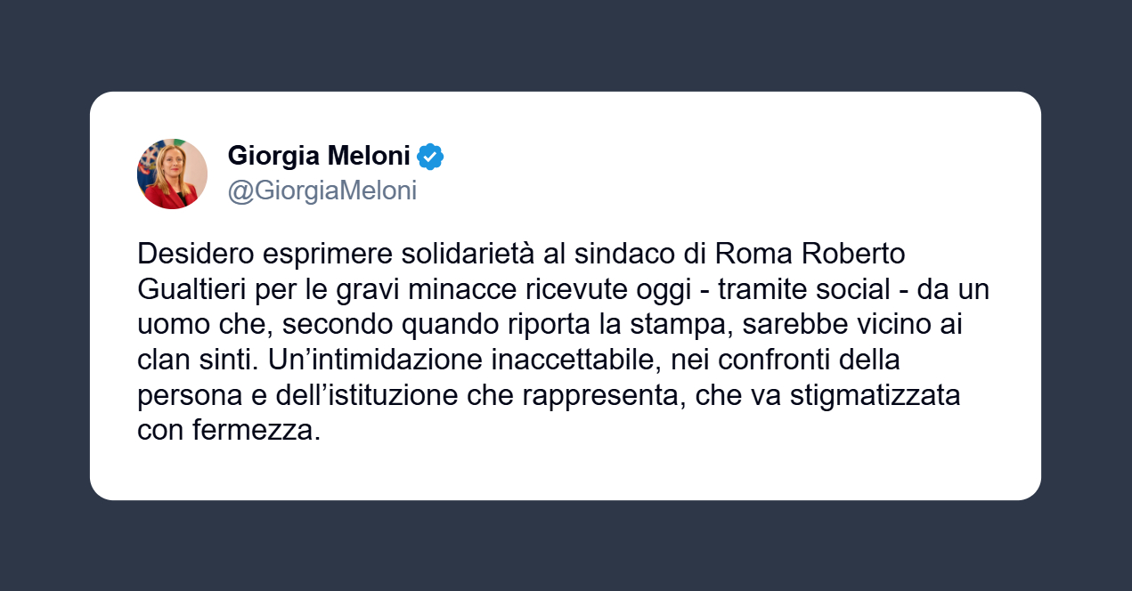 Giorgia Meloni: solidarietà al sindaco di Roma