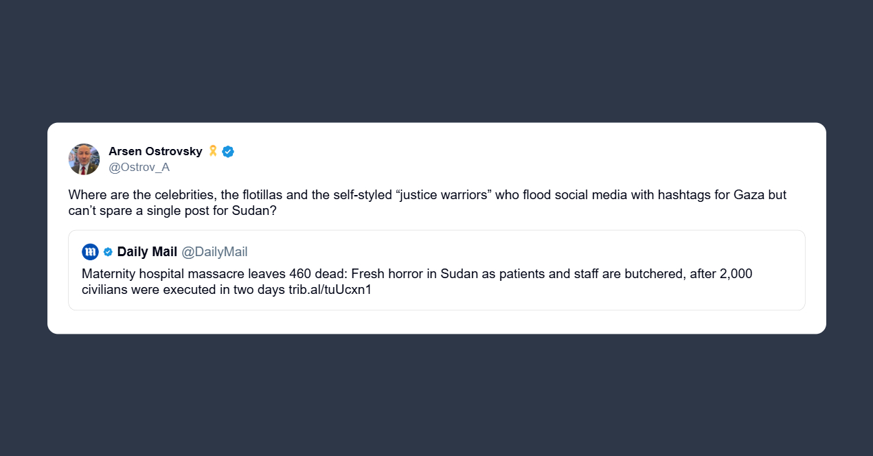 Arsen Ostrovsky: flottiglie e sedicenti guerrieri della giustizia che inondano i social di hashtag per Gaza ma tacciono per il Susan