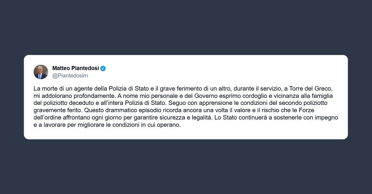 Piantedosi: cordoglio e vicinanza alla famiglia del poliziotto deceduto