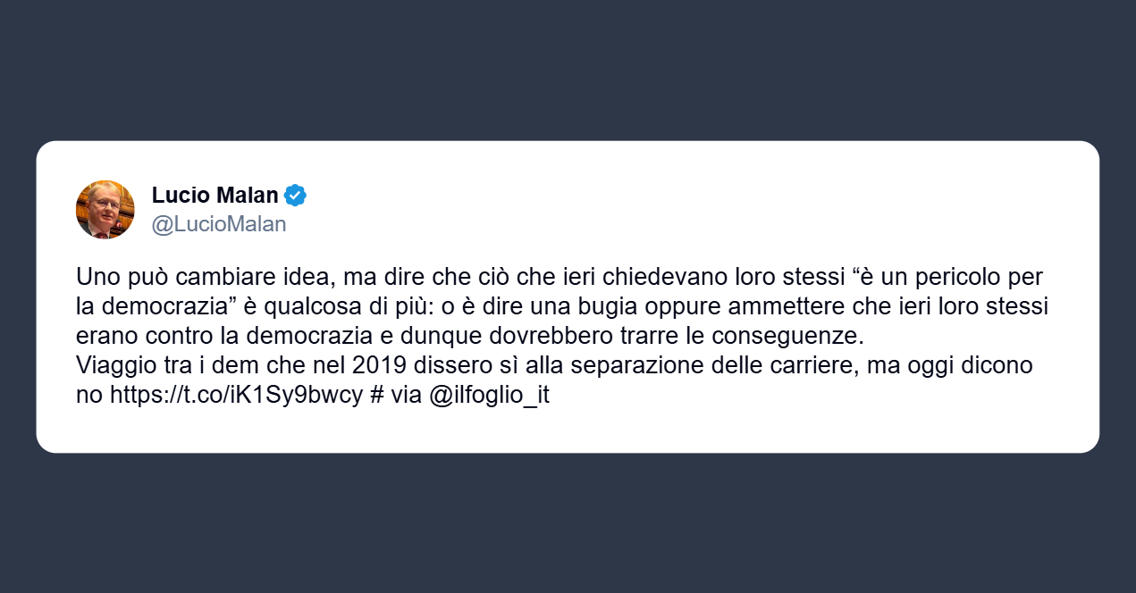 Malan sulla separazione delle carriere: i Dem dissero sì nel 2019 alla separazione delle carriere oggi dicono no
