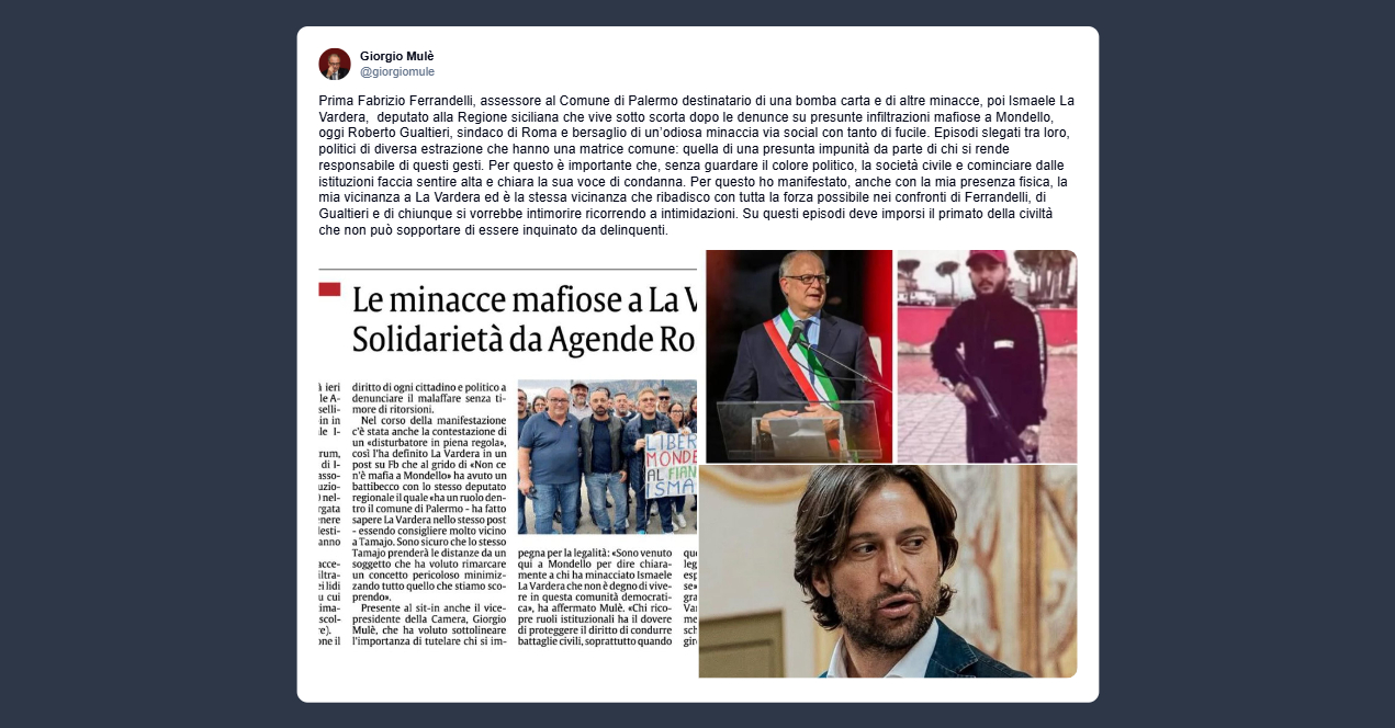 Mulè: condanna unanime contro le minacce a politici