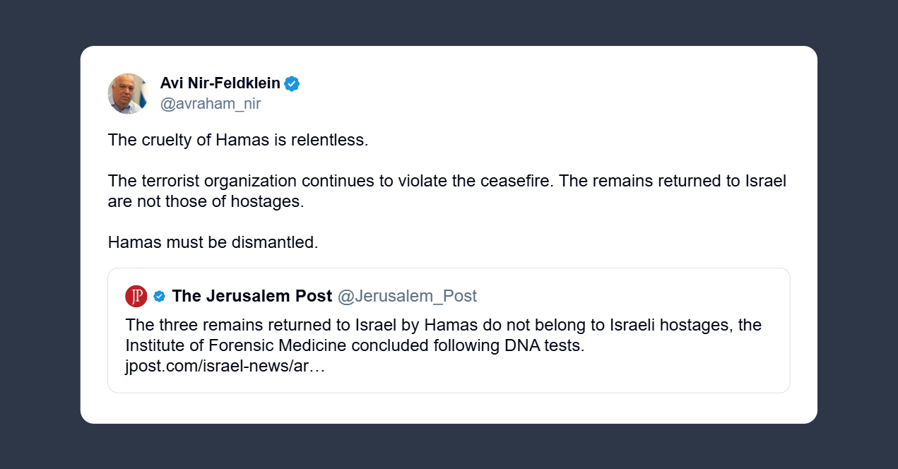 Ambasciatore israeliano: i resti restituiti a Israele non appartengono agli ostaggi