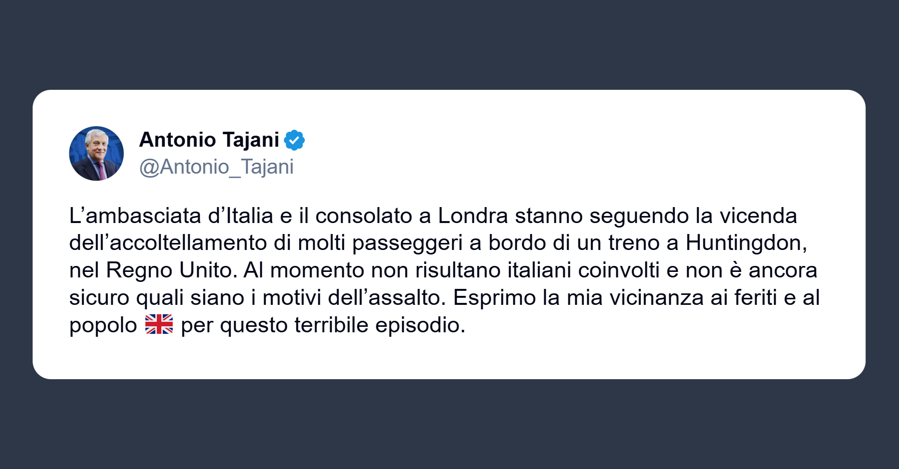 Tajani su accoltellamento in un treno Uk: non risultano italiani coinvolti Vicinanza al popolo inglese