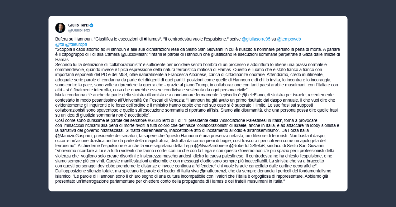 Terzi: Hannoun giustifica le esecuzioni di Hamas