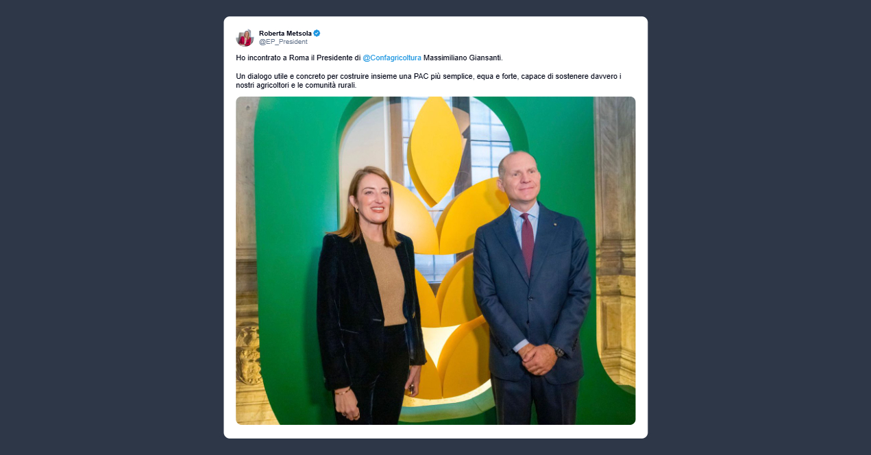 Metsola: ho incontrato il presidente di Confagricoltura