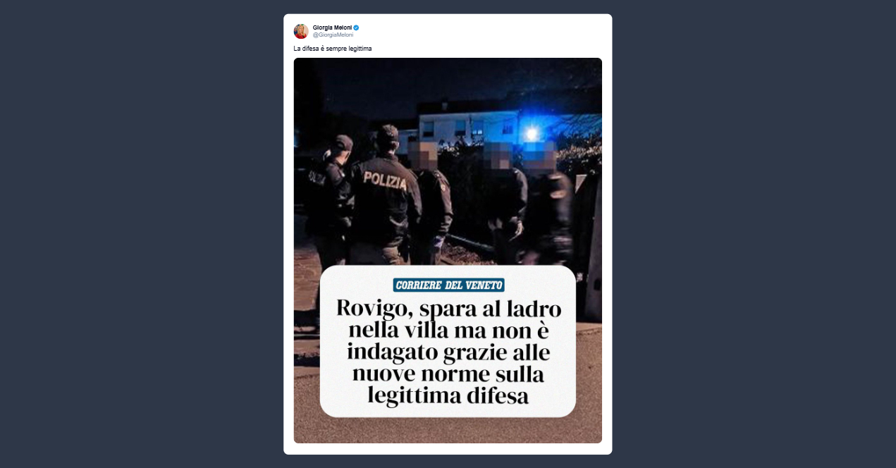Meloni: la difesa è sempre legittima