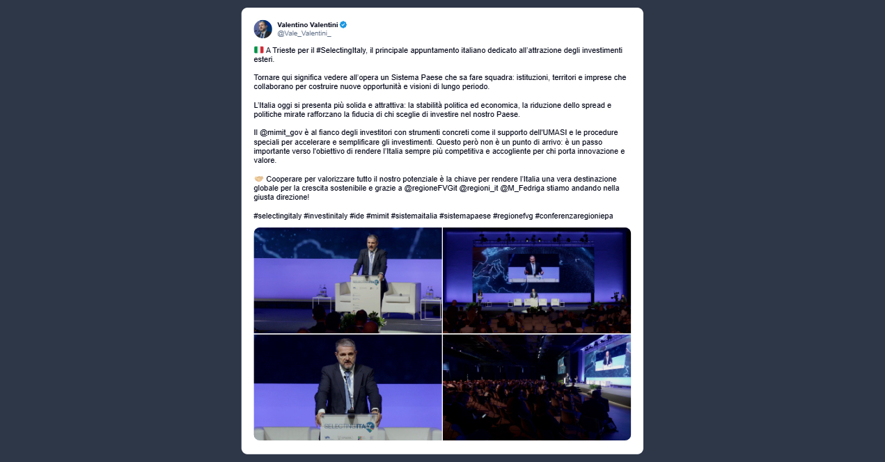 Valentini sul Selecting Italy: l’Italia oggi si presenta più solida e attrattiva