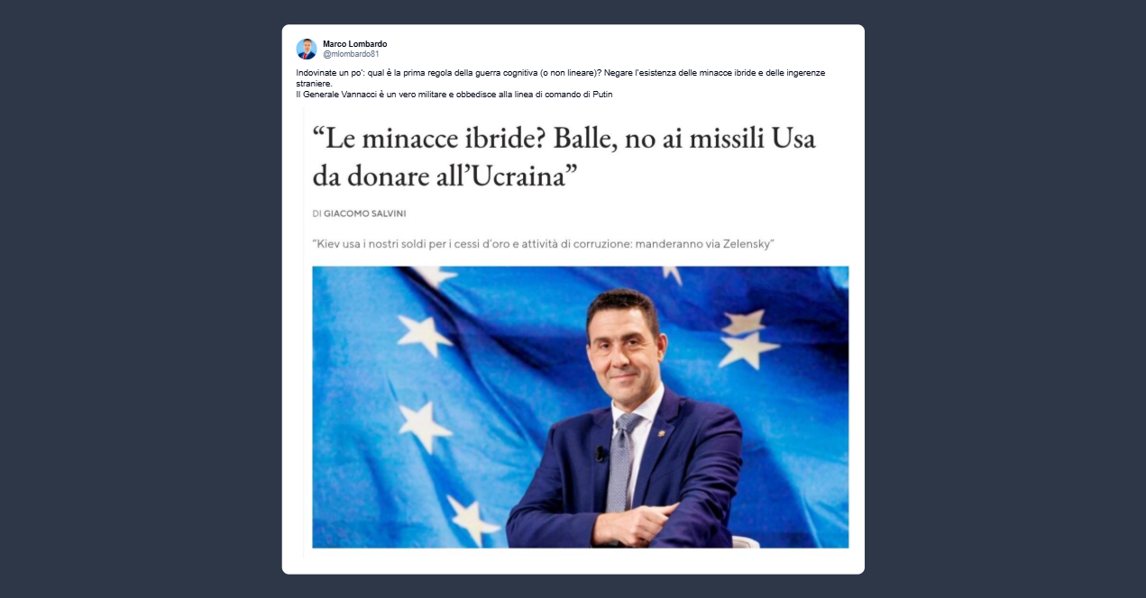 Lombardo: Vannacci obbedisce alla linea di comando di Putin